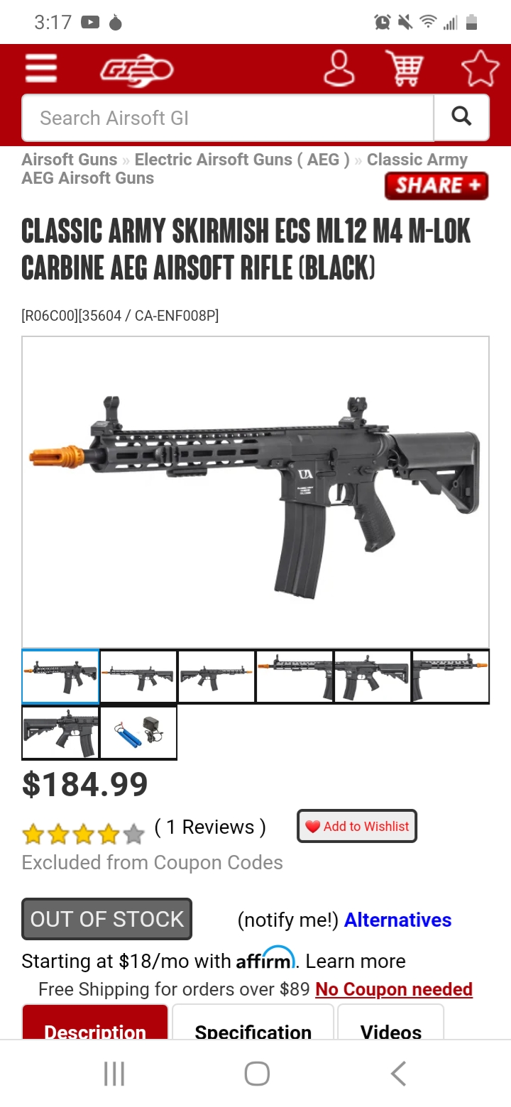 SOLD Classic Army Skirmish ECS ML12 M4 M-LOK Carbine AEG Airsoft Rifle ...