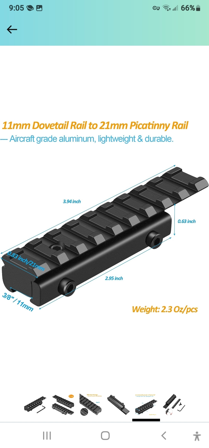 11mm Dovetail Rail to 21mm Picatinny 4 inches long, adapter / riser