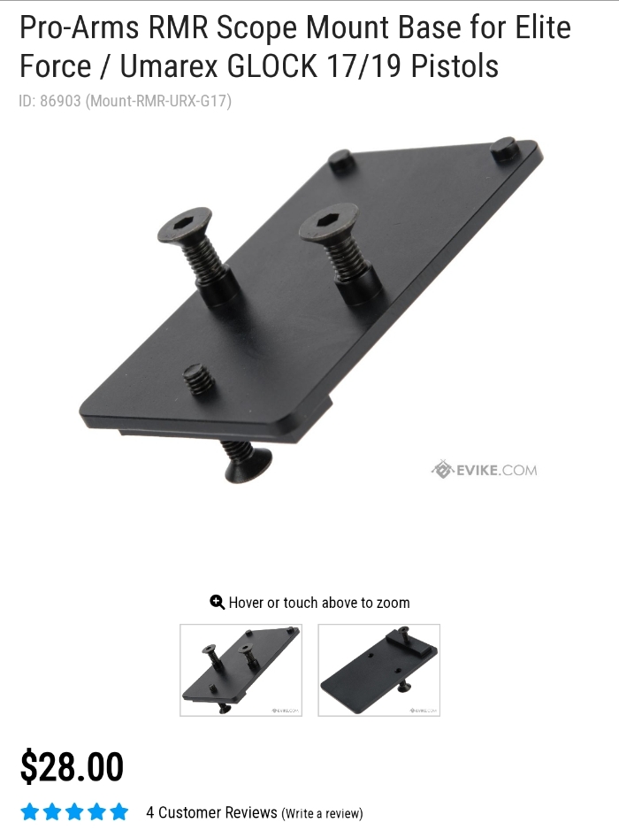 Pro-Arms RMR Mount Base for VFC Glock G17/G19/G18C | Elite Force ...