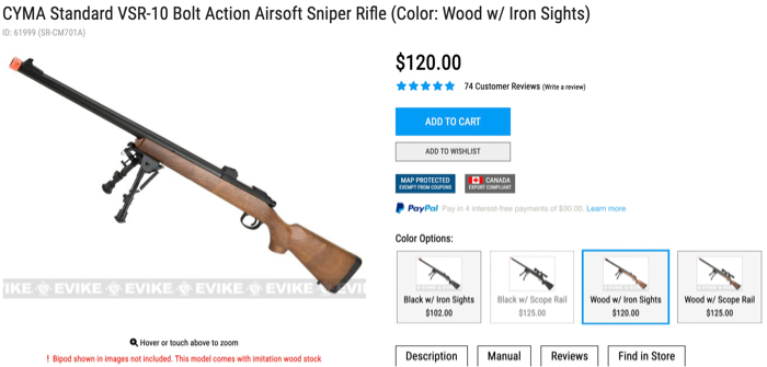 CYMA Standard VSR-10 Bolt Action Airsoft Sniper Rifle (Color